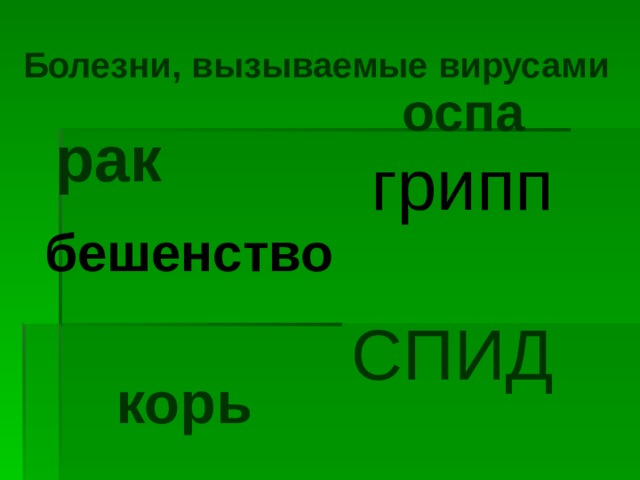 Болезни, вызываемые вирусами оспа рак грипп бешенство СПИД корь 