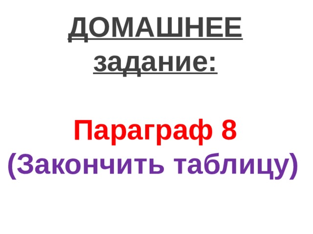 ДОМАШНЕЕ задание:  Параграф 8 (Закончить таблицу) 