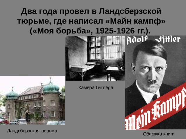 Два года провел в Ландсберзской тюрьме, где написал «Майн кампф» («Моя борьба», 1925-1926 гг.).  Камера Гитлера Ландсберзск ая тюрьм а Обложка книги 