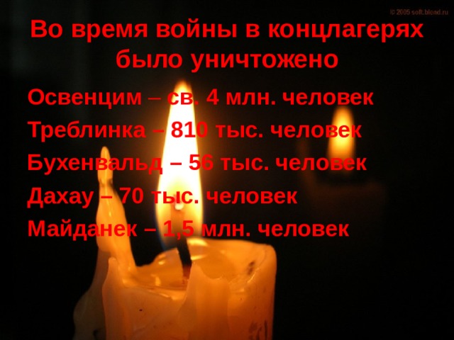 Во время войны в концлагерях было уничтожено Освенцим – св. 4 млн. человек Треблинка – 810 тыс. человек  Бухенвальд – 56 тыс. человек Дахау – 70 тыс. человек Майданек – 1,5 млн. человек  
