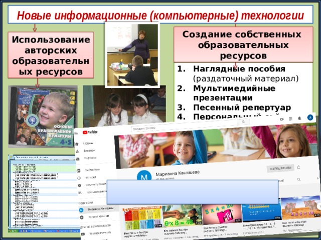 Новые информационные (компьютерные) технологии Создание собственных образовательных ресурсов Использование авторских образовательных ресурсов Наглядные пособия (раздаточный материал) Мультимедийные презентации Песенный репертуар Персональный сайт  