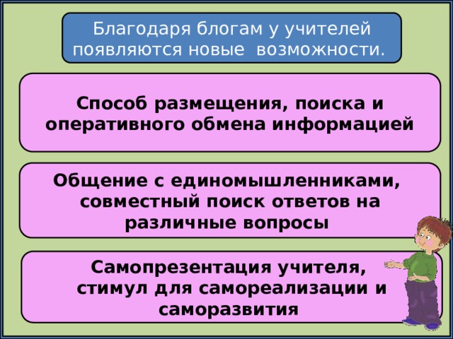 Благодаря блогам у учителей появляются новые возможности. Способ размещения, поиска и оперативного обмена информацией Общение с единомышленниками, совместный поиск ответов на различные вопросы Самопрезентация учителя, стимул для самореализации и саморазвития 