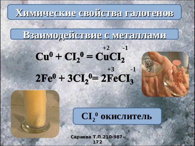 Химические свойства галогенов Взаимодействие с металлами +2 -1  +3 -1 CI 2 0  окислитель  Сараева Т.П.210-987-172 