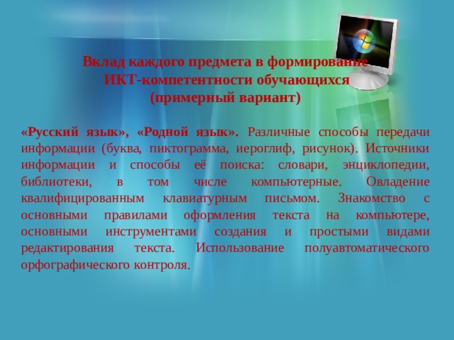 Вклад каждого предмета в формирование  ИКТ-компетентности обучающихся (примерный вариант)  «Русский язык», «Родной язык». Различные способы передачи информации (буква, пиктограмма, иероглиф, рисунок). Источники информации и способы её поиска: словари, энциклопедии, библиотеки, в том числе компьютерные. Овладение квалифицированным клавиатурным письмом. Знакомство с основными правилами оформления текста на компьютере, основными инструментами создания и простыми видами редактирования текста. Использование полуавтоматического орфографического контроля. 