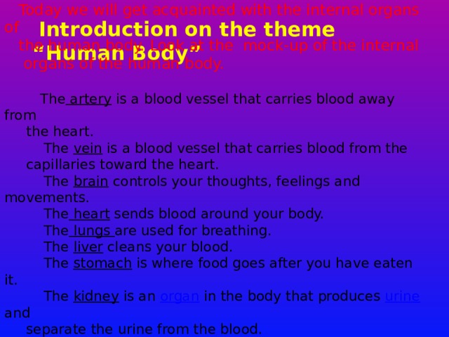  Today we will get acquainted with the internal organs of  the human body. Look at the mock-up of the internal  organs of the human body.  The artery is a blood vessel that carries blood away from  the heart.  The vein is a blood vessel that carries blood from the  capillaries toward the heart.  The brain controls your thoughts, feelings and movements.  The heart sends blood around your body.  The lungs are used for breathing.  The liver cleans your blood.  The stomach is where food goes after you have eaten it.  The kidney is an organ in the body that produces urine and  separate the urine from the blood.  Introduction on the theme “Human Body”  
