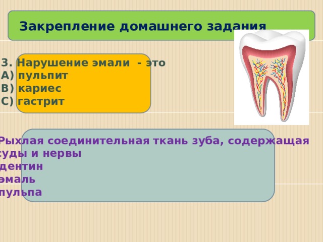 Закрепление домашнего задания 3. Нарушение эмали  - это А) пульпит В) кариес С) гастрит 4. Рыхлая соединительная ткань зуба, содержащая сосуды и нервы А) дентин В) эмаль С) пульпа 