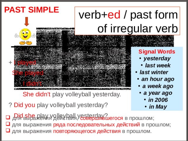 Past Simple verb+ ed / past form of irregular verb future Signal Words past yesterday last week last winter an hour ago a week ago a year ago in 2006 in May now + I played volleyball yesterday.  She played volleyball yesterday.  - I didn’t play volleyball yesterday.  She didn’t play volleyball yesterday. ? Did you play volleyball yesterday?  Did she play volleyball yesterday?  для выражения действия, совершившегося в прошлом;  для выражения ряда последовательных действий в прошлом;  для выражения повторяющегося действия в прошлом. 