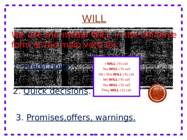 WILL We use the modal WILL + the infinitive form of the main verb for: I WILL (’ll) call You WILL (’ll) call He / She WILL (’ll) call We WILL (’ll) call You WILL (’ll) call They WILL (’ll) call 1. Predictions . 2. Quick decisions . 3. Promises,offers, warnings. 