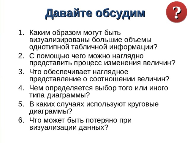 Давайте обсудим ? Каким образом могут быть визуализированы большие объемы однотипной табличной информации? С помощью чего можно наглядно представить процесс изменения величин? Что обеспечивает наглядное представление о соотношении величин? Чем определяется выбор того или иного типа диаграммы? В каких случаях используют круговые диаграммы? Что может быть потеряно при визуализации данных?   