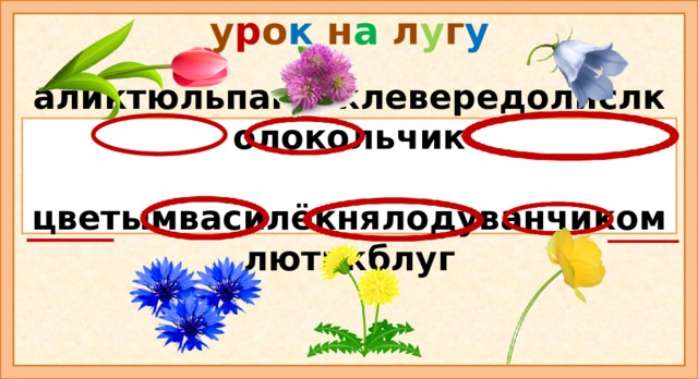 у р о к н а л у г у аликтюльпантоклевередолислколокольчик   цветымвасилёкнялодуванчикомлютикблуг Задание: в этих цепочках спрятались названия растений луга. Найди и обведи их. Дети работают самостоятельно, затем коллективная проверка. Назовите одним словом (цветы). Где растут эти цветы? (на лугу)