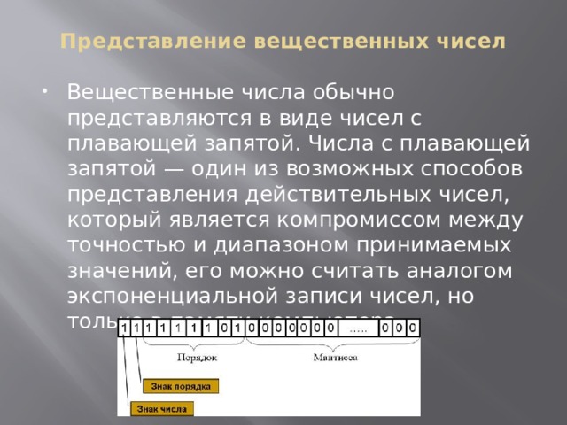 Представление вещественных чисел   Вещественные числа обычно представляются в виде чисел с плавающей запятой. Числа с плавающей запятой — один из возможных способов представления действительных чисел, который является компромиссом между точностью и диапазоном принимаемых значений, его можно считать аналогом экспоненциальной записи чисел, но только в памяти компьютера. 