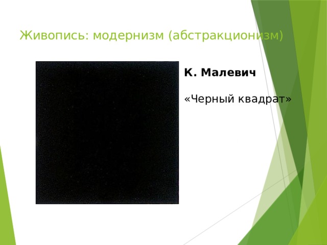 Живопись: модернизм (абстракционизм) К. Малевич  «Черный квадрат» 