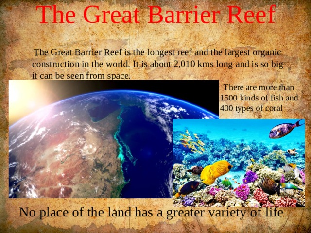 The Great Barrier Reef    The Great Barrier Reef is the longest reef and the largest organic construction in the world. It is about 2,010 kms long and is so big it can be seen from space.  There are more than 1500 kinds of fish and 400 types of coral No place of the land has a greater variety of life 