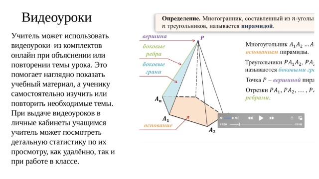 Видеоуроки Учитель может использовать видеоуроки из комплектов онлайн при объяснении или повторении темы урока. Это помогает наглядно показать учебный материал, а ученику самостоятельно изучить или повторить необходимые темы. При выдаче видеоуроков в личные кабинеты учащимся учитель может посмотреть детальную статистику по их просмотру, как удалённо, так и при работе в классе. 