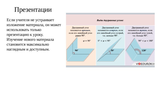 Презентации Если учителя не устраивает изложение материала, он может использовать только презентацию к уроку. Изучение нового материала становится максимально наглядным и доступным. 