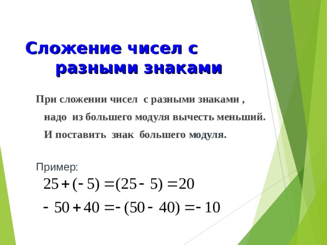 Сложение чисел с разными знаками     При сложении чисел с разными знаками ,  надо из большего модуля вычесть меньший.  И поставить знак большего модуля. Пример: 