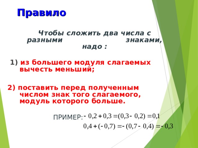 Правило  Чтобы сложить два числа с разными знаками, надо :   1)  из большего модуля слагаемых вычесть меньший;  2) поставить перед полученным числом знак того слагаемого, модуль которого больше.  ПРИМЕР: 