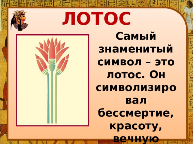 ЛОТОС Самый знаменитый символ – это лотос. Он символизировал бессмертие, красоту, вечную жизнь. 