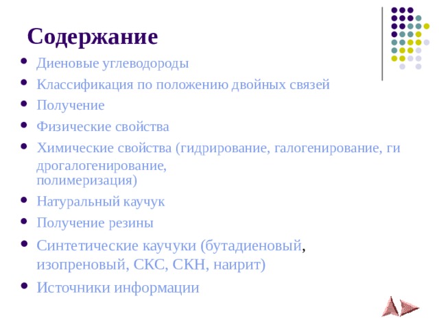 Содержание Диеновые углеводороды Классификация по положению двойных связей Получение Физические свойства Химические свойства (гидрирование, галогенирование, гидрогалогенирование, полимеризация) Натуральный каучук Получение резины Синтетические каучуки (бутадиеновый , изопреновый, СКС, СКН, наирит) Источники информации 