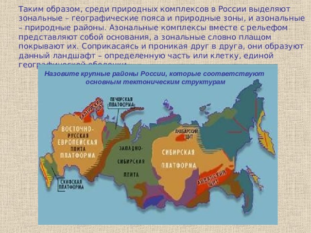 Таким образом, среди природных комплексов в России выделяют зональные – географические пояса и природные зоны, и азональные – природные районы. Азональные комплексы вместе с рельефом представляют собой основания, а зональные словно плащом покрывают их. Соприкасаясь и проникая друг в друга, они образуют данный ландшафт – определенную часть или клетку, единой географической оболочки. Таким образом, среди природных комплексов в России выделяют зональные – географические пояса и природные зоны, и азональные – природные районы. Азональные комплексы вместе с рельефом представляют собой основания, а зональные словно плащом покрывают их. Соприкасаясь и проникая друг в друга, они образуют данный ландшафт – определенную часть или клетку, единой географической оболочки. Назовите крупные районы России, которые соответствуют основным тектоническим структурам 