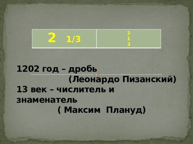 2  1/3 2 1 3 1202 год – дробь  (Леонардо Пизанский)  13 век – числитель и знаменатель  ( Максим Плануд) 