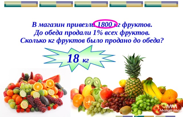 В магазин привезли 1800 кг фруктов.  До обеда продали 1% всех фруктов. Сколько кг фруктов было продано до обеда? 18 кг 8 