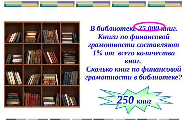 В библиотеке 25 000 книг. Книги по финансовой грамотности составляют 1% от всего количества книг. Сколько книг по финансовой грамотности в библиотеке? 250 книг 8 