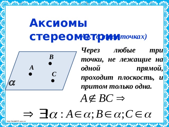 Аксиомы стереометрии А1. (о трех точках) Через любые три точки, не лежащие на одной прямой, проходит плоскость, и притом только одна. В А С  