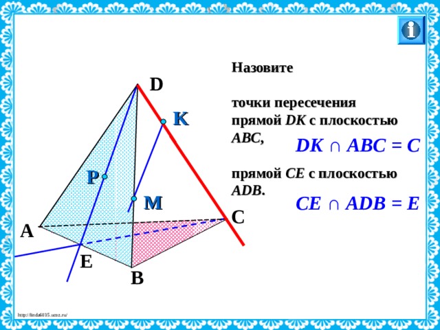 Назовите  точки пересечения прямой DK с плоскостью АВС ,  прямой СЕ с плоскостью А DB . D K DK ∩ ABC = C P M СЕ ∩ ADB = E C Л.С. Атанасян. Геометрия 10-11. № 8. A E B 27 