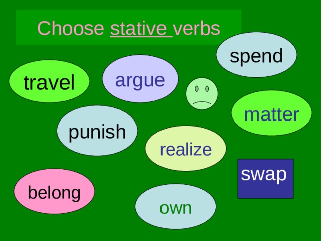 Choose stative verbs spend argue travel matter punish realize swap belong own 