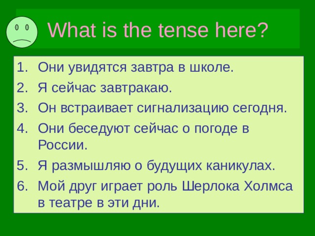 What is the tense here? Они увидятся завтра в школе. Я сейчас завтракаю. Он встраивает сигнализацию сегодня. Они беседуют сейчас о погоде в России. Я размышляю о будущих каникулах. Мой друг играет роль Шерлока Холмса в театре в эти дни. 