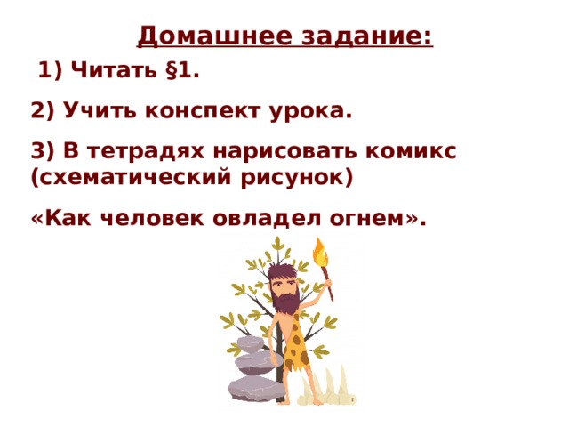 Домашнее задание:  1) Читать §1. 2) Учить конспект урока. 3) В тетрадях нарисовать комикс (схематический рисунок) «Как человек овладел огнем». 