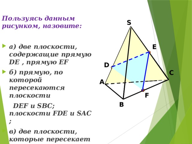 Пользуясь данным рисунком, назовите:  а) две плоскости, содержащие прямую DE , прямую EF б) прямую, по которой пересекаются плоскости  DEF и SBC; плоскости FDE и SAC ; в) две плоскости, которые пересекает прямая SB; прямая AC . S E D С А F В 