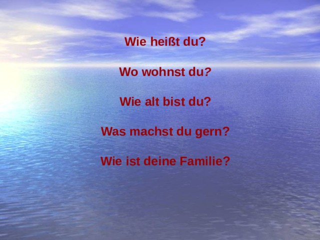 Wie heißt du ?  Wo wohnst du ?  Wie alt bist du ?  Was machst du gern ?  Wie ist deine Familie ? 