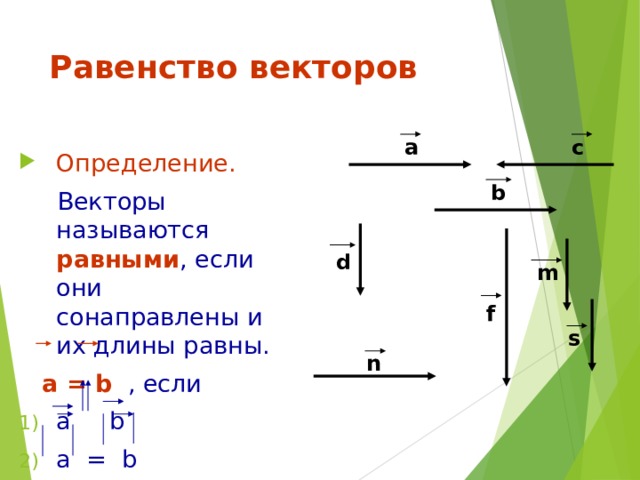 Равенство векторов а c Определение.  Векторы называются равными , если они сонаправлены и их длины равны.  а = b  , если а   b а = b b d m f s n 