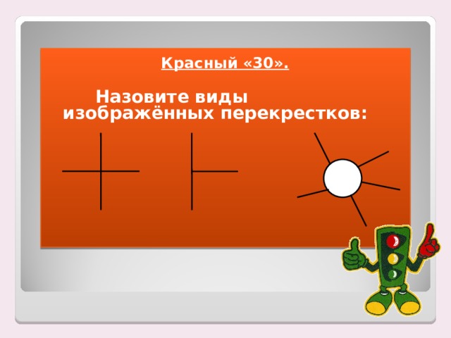 Красный «30».    Назовите виды изображённых перекрестков:    