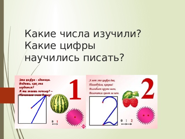 Какие числа изучили?  Какие цифры научились писать? 