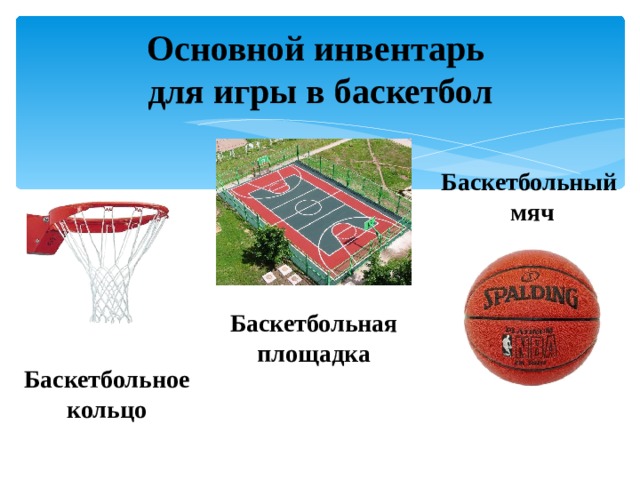 Основной инвентарь  для игры в баскетбол Баскетбольный мяч Баскетбольная площадка Баскетбольное кольцо 