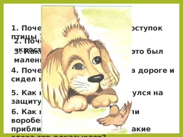 1. Почему автора восхитил поступок птицы ? 2. Почему собака начала «красться»? 3. Какие слова говорят, что это был маленький птенец? 4. Почему птенец оказался на дороге и сидел неподвижно? 5. Как взрослый воробей кинулся на защиту птенца? 6. Как вы думаете, испытал ли воробей страх, увидев приближающуюся собаку? Какие слова это доказывает? 