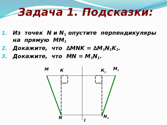 Задача 1. Подсказки: Из точек N и N 1 опустите перпендикуляры на прямую ММ 1 Докажите, что ∆MNK = ∆M 1 N 1 K 1 . Докажите, что МN = М 1 N 1 . M 1 M К К 1 N 1 N l 