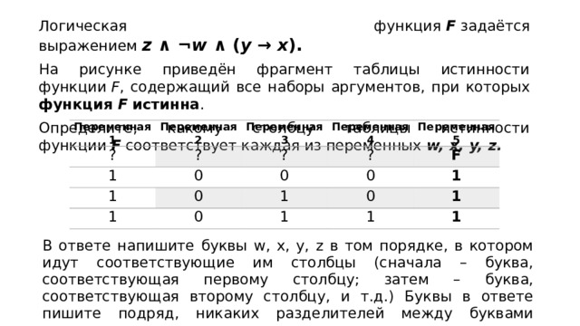 Логическая переменная f задается выражением w