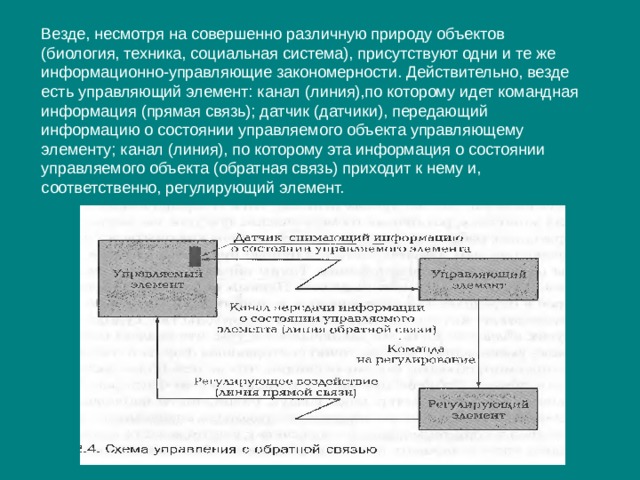Везде, несмотря на совершенно различную природу объектов (биология, техника, социальная система), присутствуют одни и те же информационно-управляющие закономерности. Действительно, везде есть управляющий элемент: канал (линия),по которому идет командная информация (прямая связь); датчик (датчики), передающий информацию о состоянии управляемого объекта управляющему элементу; канал (линия), по которому эта информация о состоянии управляемого объекта (обратная связь) приходит к нему и, соответственно, регулирующий элемент. 