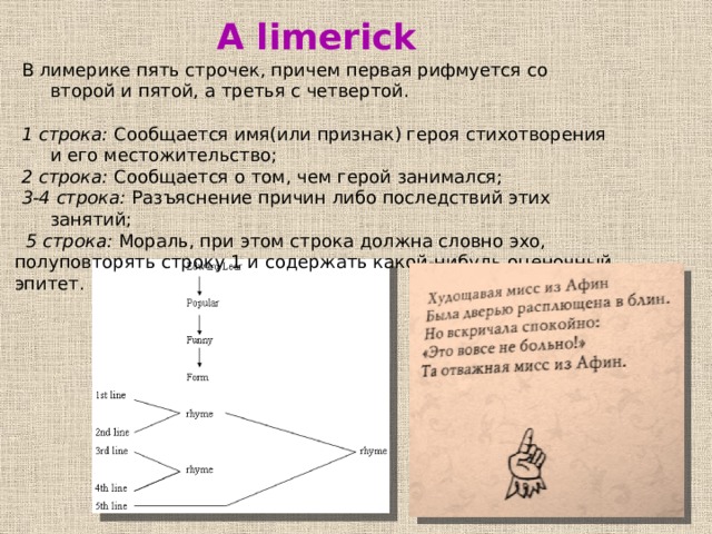  A limerick В лимерике пять строчек, причем первая рифмуется со второй и пятой, а третья с четвертой. 1 строка: Сообщается имя(или признак) героя стихотворения и его местожительство; 2 строка: Сообщается о том, чем герой занимался; 3-4 строка: Разъяснение причин либо последствий этих занятий;  5 строка: Мораль, при этом строка должна словно эхо, полуповторять строку 1 и содержать какой-нибудь оценочный эпитет. 