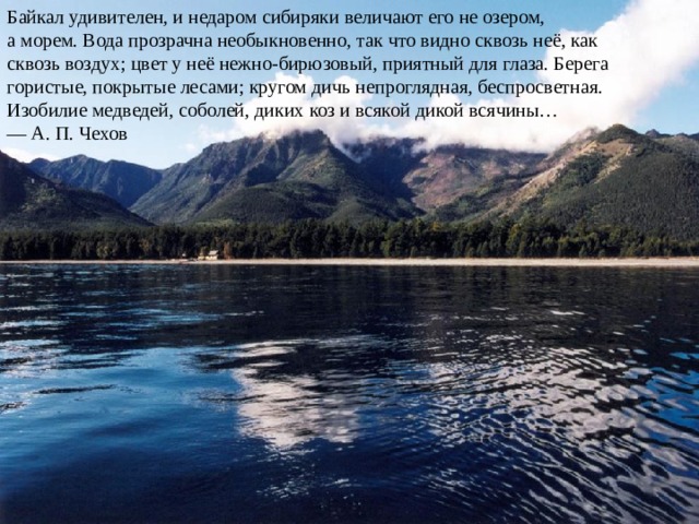 Байкал удивителен, и недаром сибиряки величают его не озером, а морем. Вода прозрачна необыкновенно, так что видно сквозь неё, как сквозь воздух; цвет у неё нежно-бирюзовый, приятный для глаза. Берега гористые, покрытые лесами; кругом дичь непроглядная, беспросветная. Изобилие медведей, соболей, диких коз и всякой дикой всячины… —  А. П. Чехов 