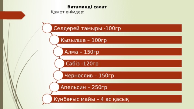  Витаминді салат  Қажет өнімдер: Селдерей тамыры -100гр Қызылша – 100гр Алма – 150гр Сәбіз -120гр Чернослив – 150гр Апельсин – 250гр Күнбағыс майы – 4 ас қасық 