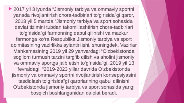 O’zbekistonda Jismoniy Tarbiya Va Sport Sohasida Yangi Davr