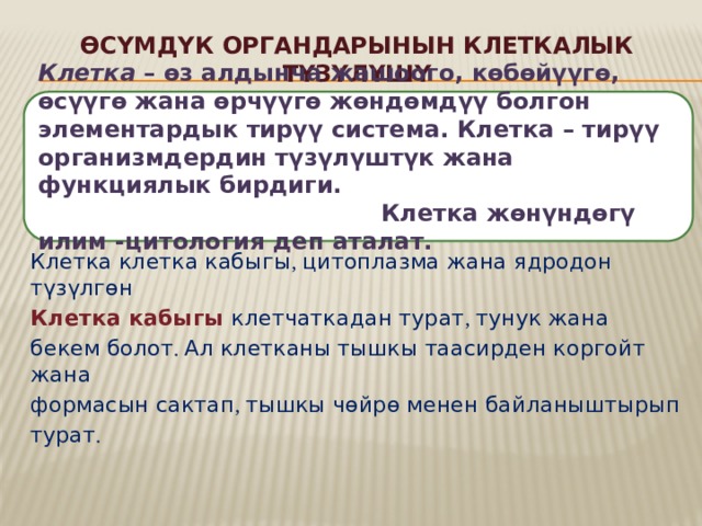 Өсүмдүк органдарынын клеткалык түзүлүшү Клетка – өз алдынча жашоого, көбөйүүгө, өсүүгө жана өрчүүгө жөндөмдүү болгон элементардык тирүү система. Клетка – тирүү организмдердин түзүлүштүк жана функциялык бирдиги. Клетка жөнүндөгү илим -цитология деп аталат. Клетка клетка кабыгы , цитоплазма жана ядродон түзүлгөн Клетка кабыгы клетчаткадан турат , тунук жана бекем болот . Ал клетканы тышкы таасирден коргойт жана формасын сактап , тышкы чөйрө менен байланыштырып турат . 