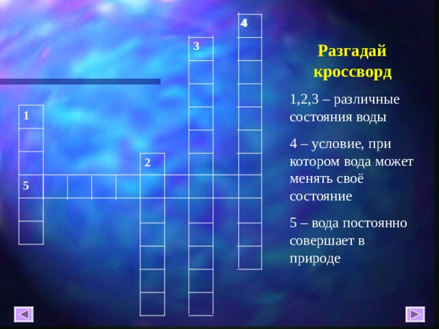 4 4 3 Разгадай кроссворд 1,2,3 – различные состояния воды 4 – условие, при котором вода может менять своё состояние 5 – вода постоянно совершает в природе 1 2 5 