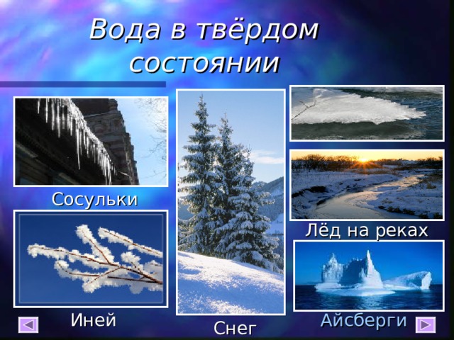 На каких рисунках показана вода в твердом состоянии