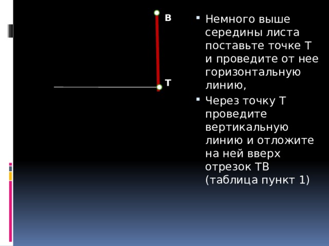       Т         В Немного выше середины листа поставьте точке Т и проведите от нее горизонтальную линию, Через точку Т проведите вертикальную линию и отложите на ней вверх отрезок ТВ (таблица пункт 1) 